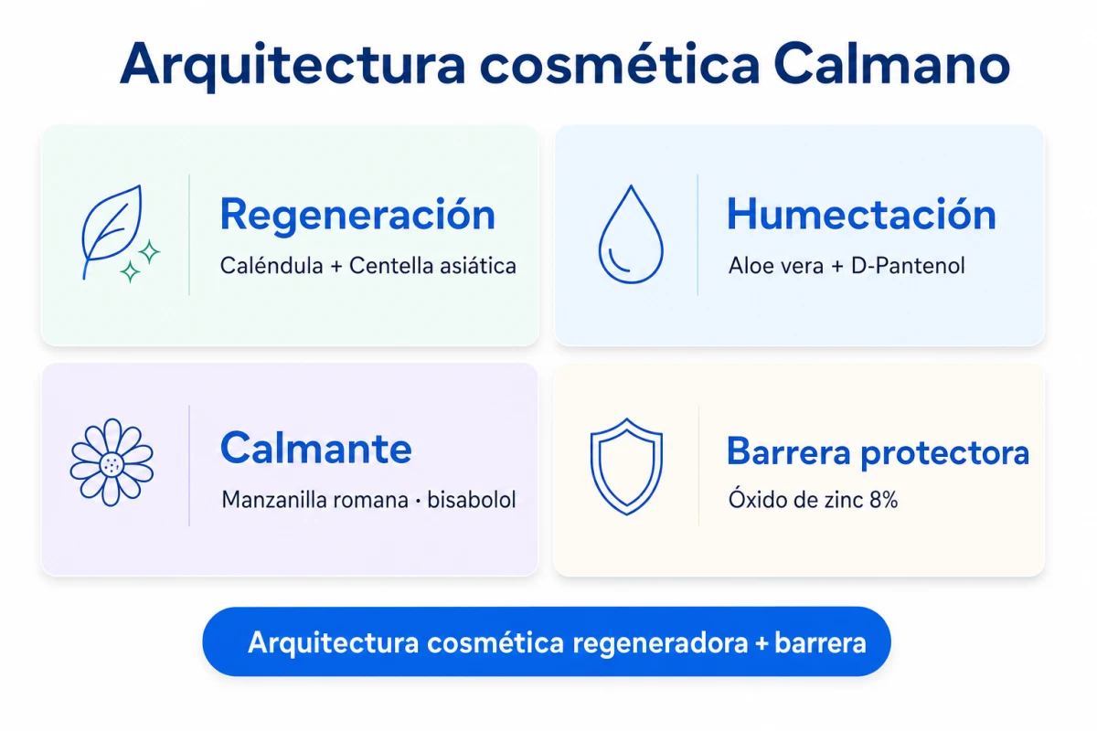 Diagrama de la arquitectura cosmética de Calmano Crema mostrando las cuatro funciones complementarias: regeneración, humectación, calmante y barrera protectora
