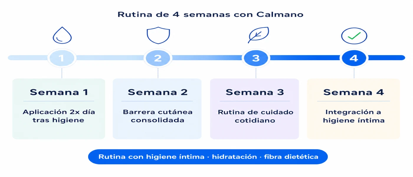 Línea de tiempo horizontal de 4 semanas mostrando la rutina de aplicación de Calmano Crema integrada a la higiene íntima cotidiana del adulto