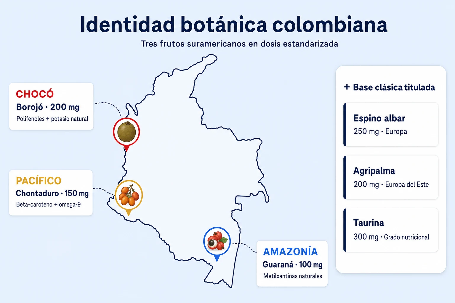 Mapa de Colombia destacando el Chocó (borojó), el Pacífico (chontaduro) y la Amazonía (guaraná) como origen botánico de los activos de Cardialica