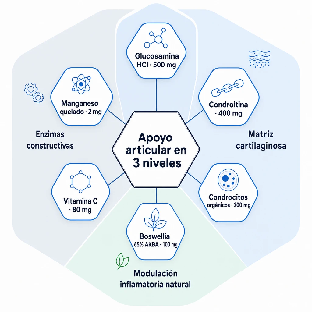 Diagrama hexagonal de los 6 activos de Fisio Forte con sus dosis: Glucosamina HCl 500 mg, Condroitina 400 mg, Condrocitos 200 mg, Boswellia 65% AKBA 100 mg, Vitamina C 80 mg y Manganeso quelado 2 mg