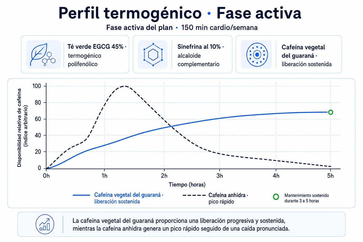 Diagrama que muestra cómo el EGCG del té verde y la sinefrina de la naranja amarga actúan como termogénicos botánicos durante el cardio matinal