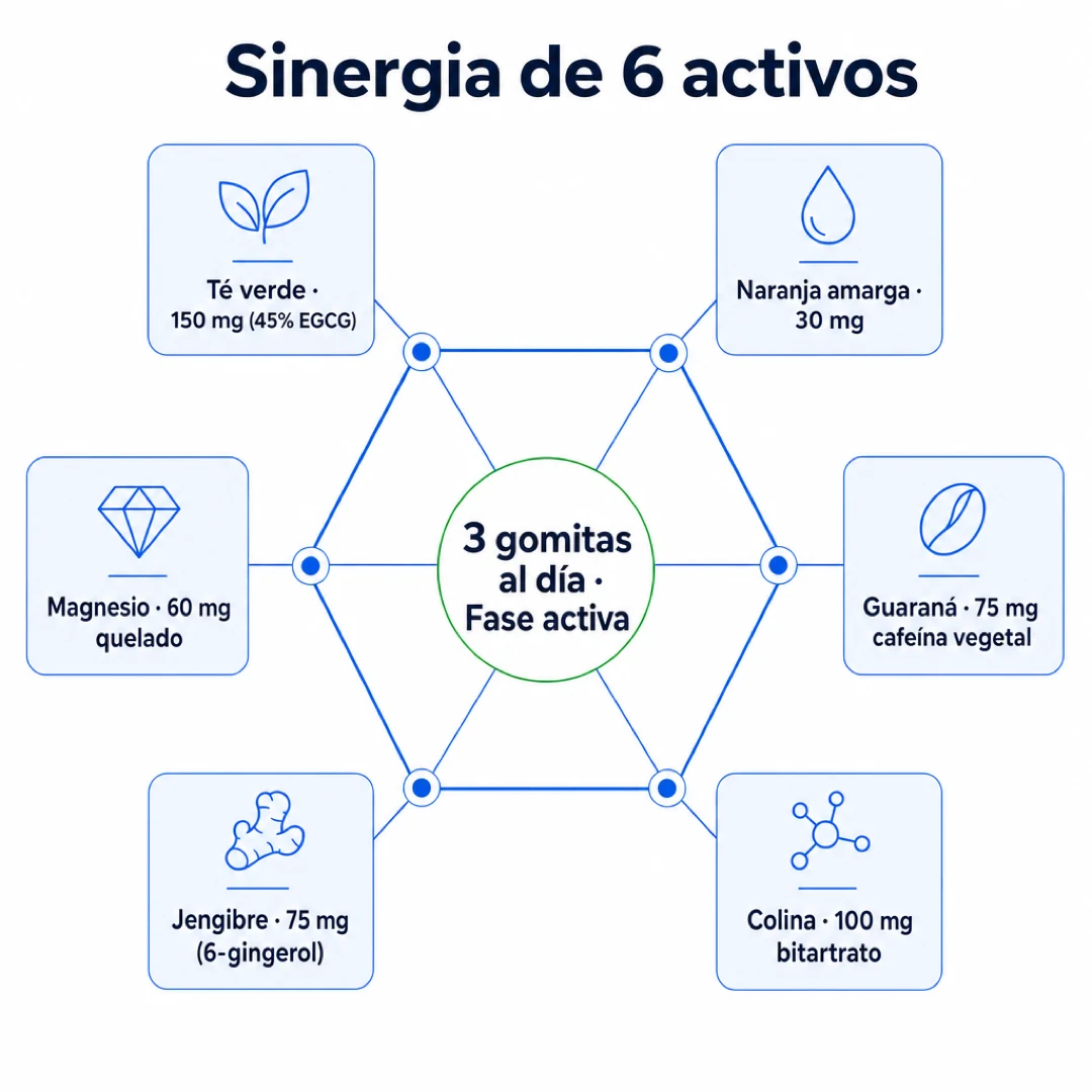 Diagrama hexagonal de los 6 activos de FitoMishki con sus dosis: Té verde EGCG 150 mg, Naranja amarga 30 mg, Guaraná 75 mg, Colina 100 mg, Jengibre 75 mg, Magnesio 60 mg