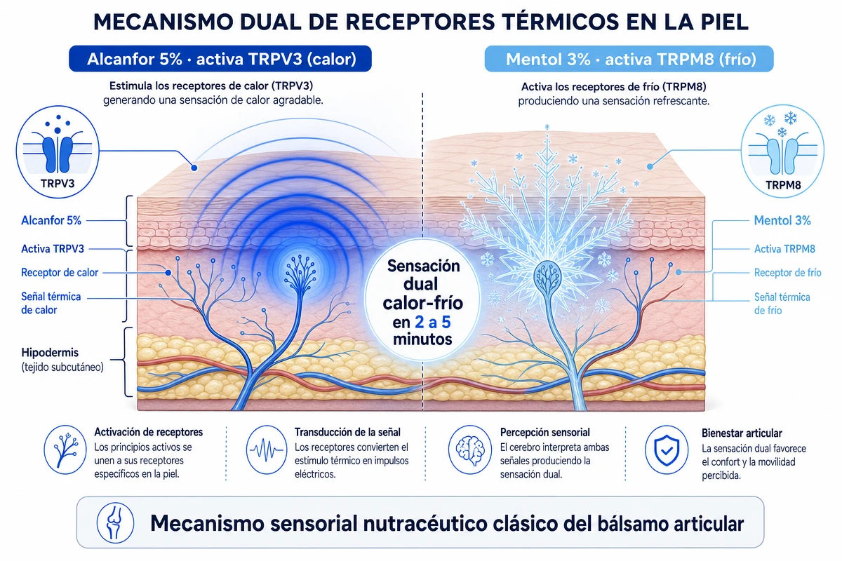 Diagrama del mecanismo dual térmico de Flexacil Ultra mostrando cómo el alcanfor activa los receptores TRPV3 del calor y el mentol activa los TRPM8 del frío en la piel