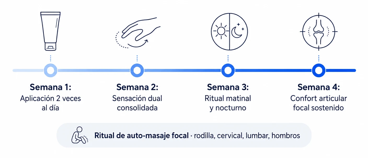 Línea de tiempo de 4 semanas mostrando la rutina de auto-masaje focal con Flexacil Ultra dos veces al día sobre zonas articulares de tensión