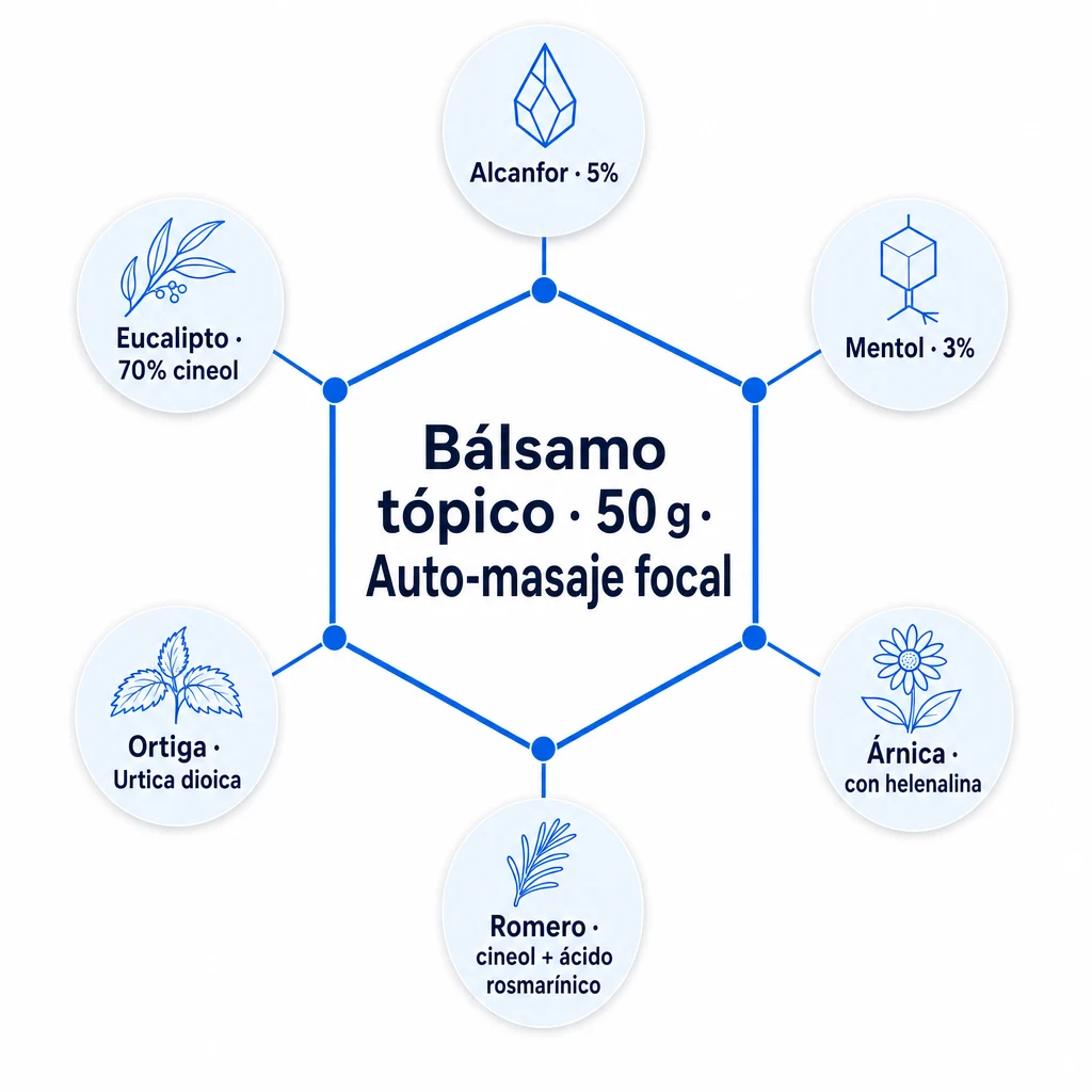 Diagrama hexagonal de los 6 activos de Flexacil Ultra: Alcanfor 5%, Mentol 3%, Árnica con helenalina, Romero con cineol, Ortiga y Eucalipto al 70% cineol