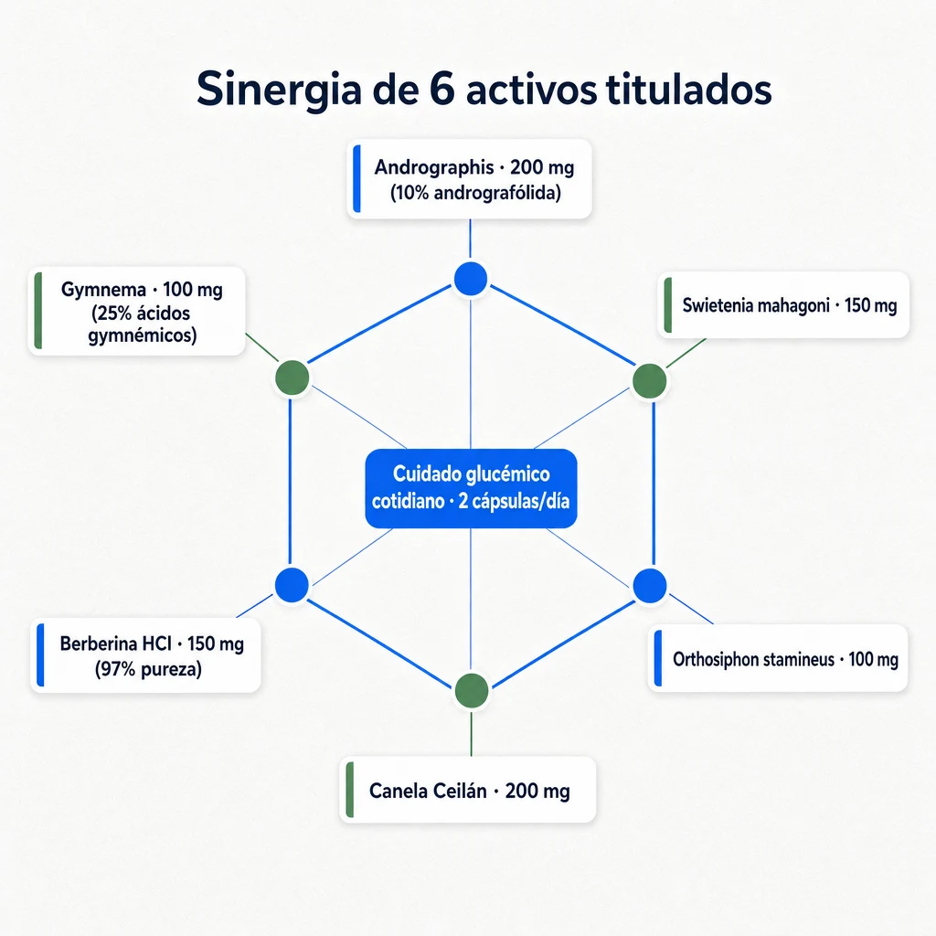 Diagrama hexagonal de los 6 activos de GlucoZen con sus dosis: Andrographis 200 mg, Swietenia 150 mg, Orthosiphon 100 mg, Canela Ceilán 200 mg, Berberina 150 mg, Gymnema 100 mg