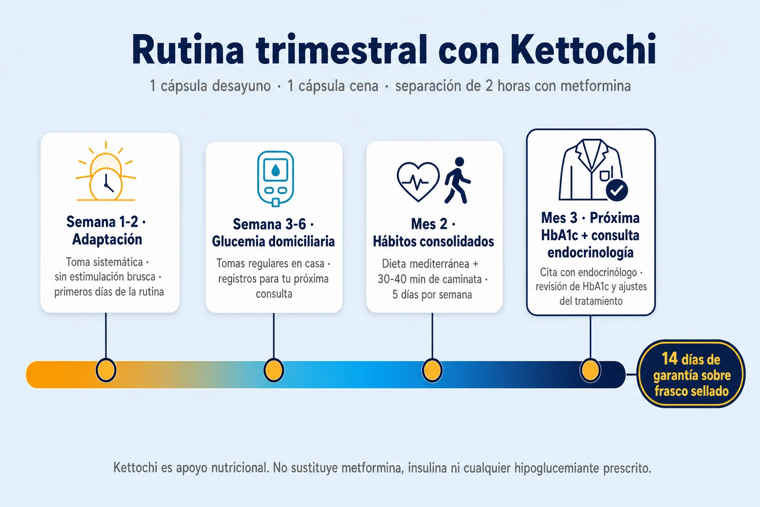 Línea de tiempo de 90 días con la rutina de Kettochi mostrando seguimiento glucémico domiciliario, dieta mediterránea y consulta con endocrinólogo en cada hito