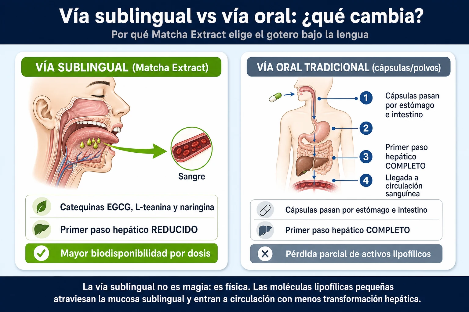 Diagrama comparativo de la vía sublingual de Matcha Extract frente a la vía oral tradicional, mostrando el menor primer paso hepático y mayor biodisponibilidad