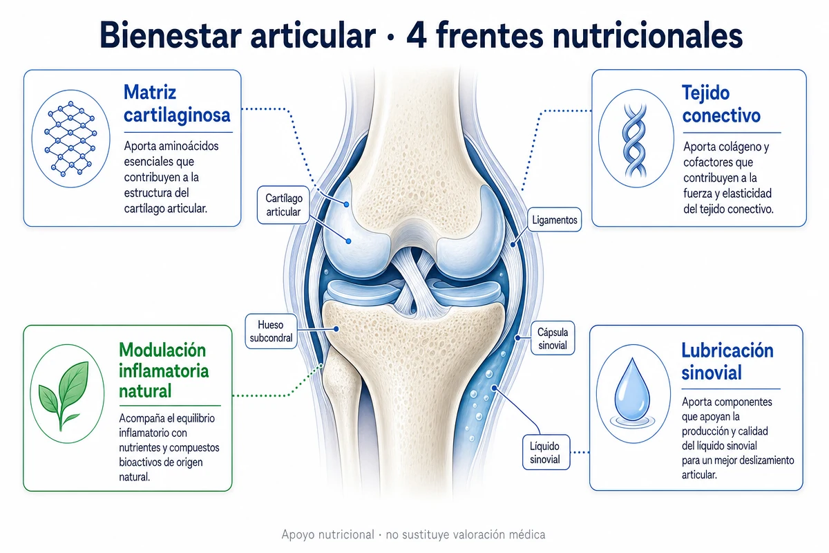 Diagrama anatómico de la articulación de la rodilla con los cuatro frentes del bienestar articular: matriz cartilaginosa, tejido conectivo, modulación inflamatoria natural y lubricación sinovial