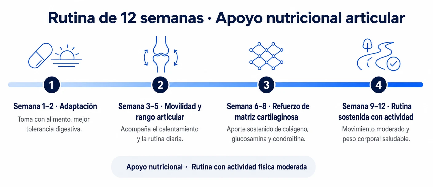 Línea de tiempo de 12 semanas de Mobiflex: adaptación, movilidad y rango articular, refuerzo de matriz cartilaginosa y rutina sostenida con actividad