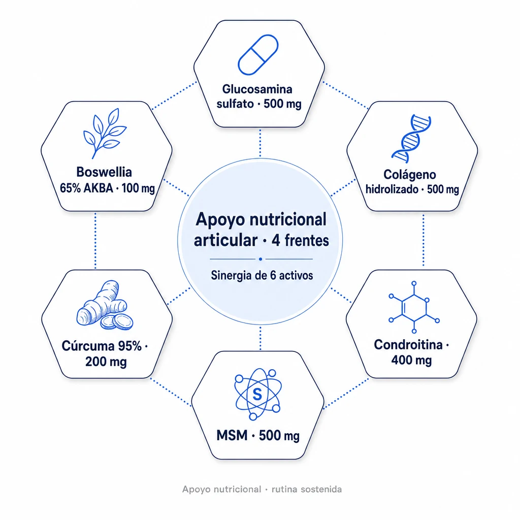 Sinergia de los 6 activos de Mobiflex: Glucosamina sulfato, Condroitina, Colágeno hidrolizado, MSM, Cúrcuma 95% y Boswellia 65% AKBA