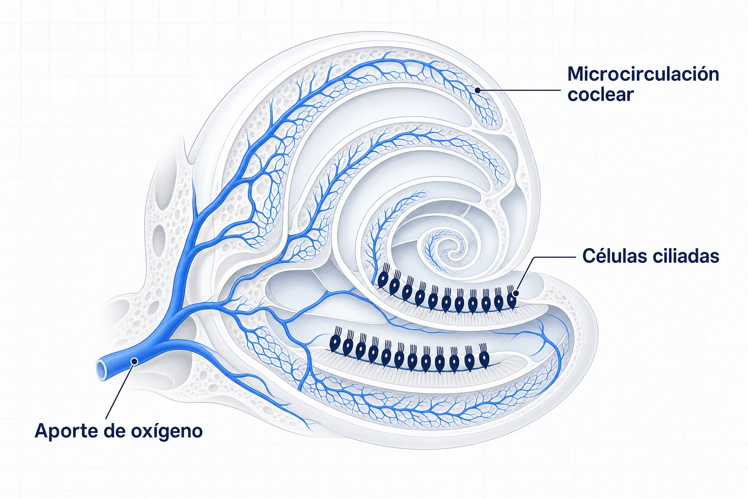Diagrama de la microcirculación coclear: aporte de oxígeno a las células ciliadas del oído interno