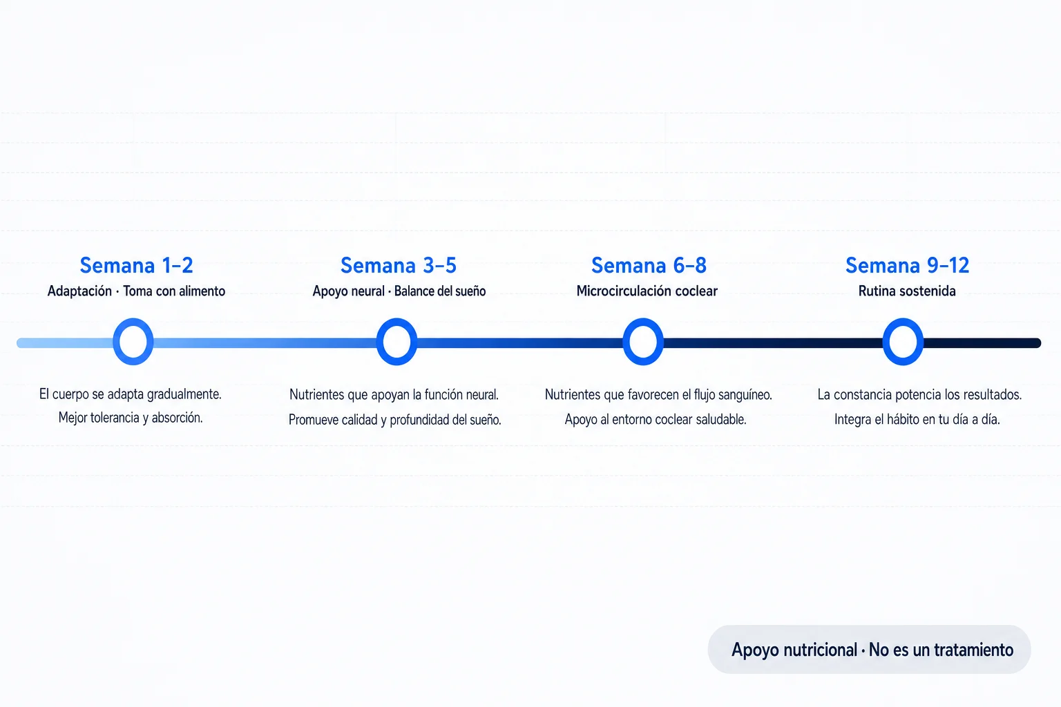 Línea de tiempo de 12 semanas: adaptación, apoyo neural, microcirculación coclear y rutina sostenida