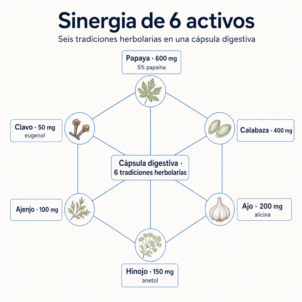 Diagrama hexagonal de los 6 activos de Papaya Cleanse con sus dosis: Papaya 600 mg (5% papaína), Calabaza 400 mg, Ajo 200 mg, Hinojo 150 mg, Ajenjo 100 mg, Clavo 50 mg