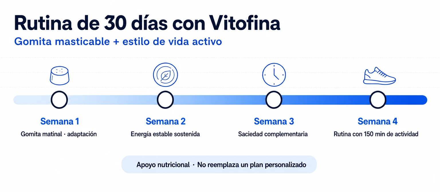 Línea de tiempo de 4 semanas mostrando la rutina de Vitofina con gomita diaria, plan de comidas equilibradas, actividad física moderada y descanso