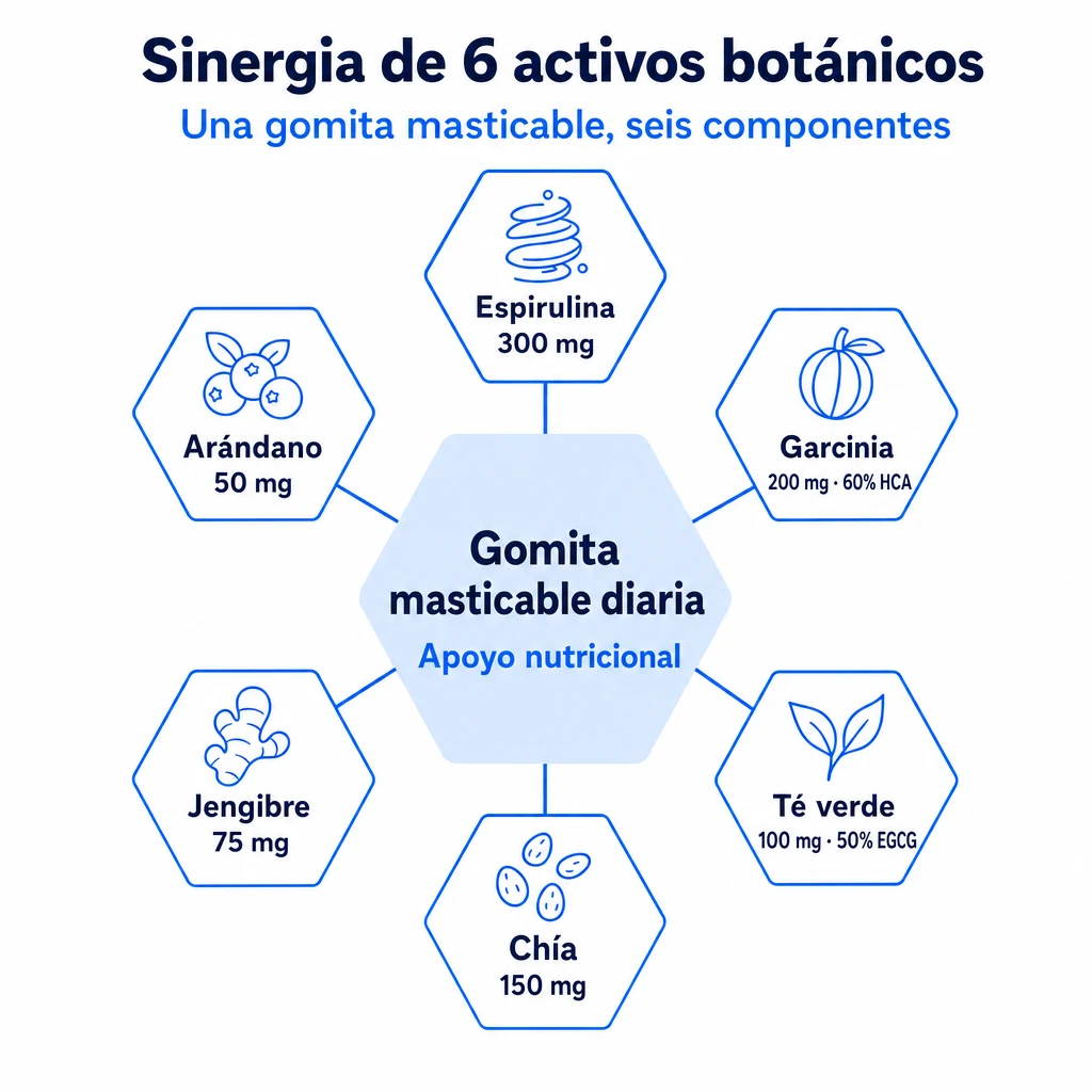 Diagrama hexagonal de los 6 activos de Vitofina con sus dosis: Espirulina 300 mg, Garcinia 200 mg, Té verde 100 mg, Chía 150 mg, Jengibre 75 mg y Arándano 50 mg
