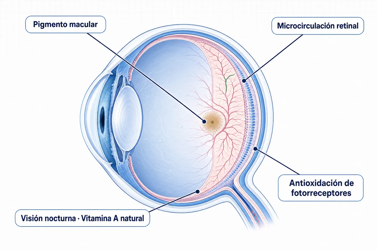 Diagrama del ojo mostrando mácula, retina y pigmento macular con flechas que indican el aporte nutricional de Luteína, Zeaxantina y antocianósidos del Arándano