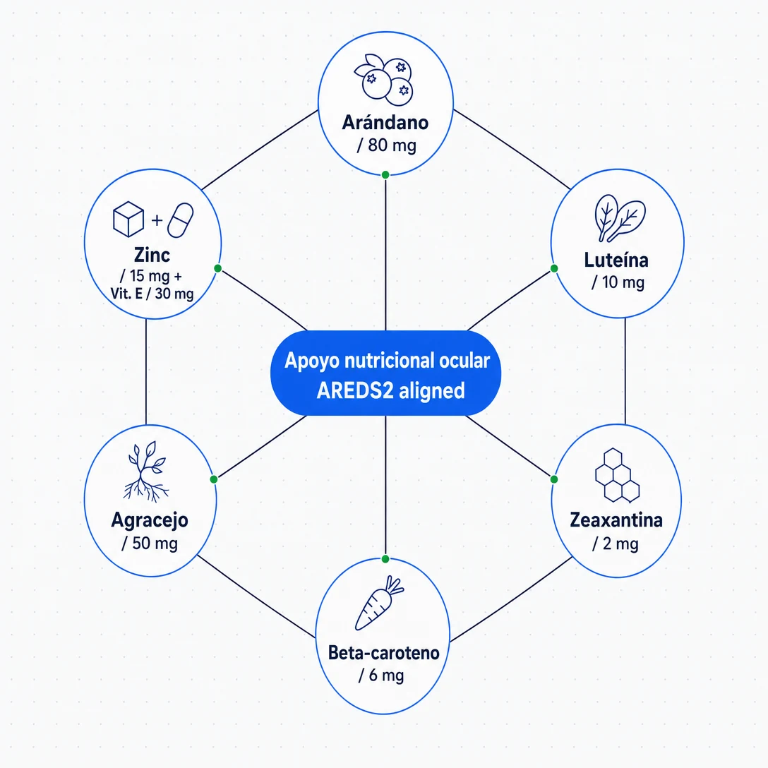 Diagrama hexagonal de los 6 activos de Vizilax con sus dosis: Arándano 80 mg, Luteína 10 mg, Zeaxantina 2 mg, Beta-caroteno 6 mg, Agracejo 50 mg, Zinc 15 mg y Vitamina E 30 mg